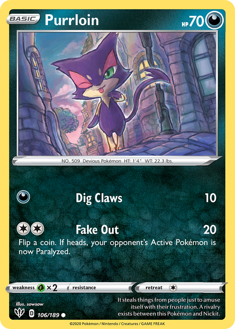Purrloin 106 Darkness Ablaze Pokémon card