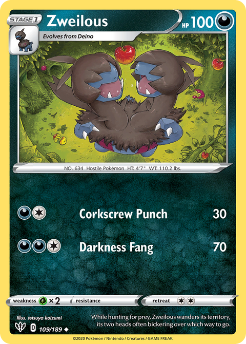 Zweilous 109 Darkness Ablaze Pokémon card