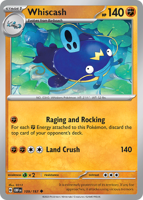Whiscash 109 Obsidian Flames Pokémon card