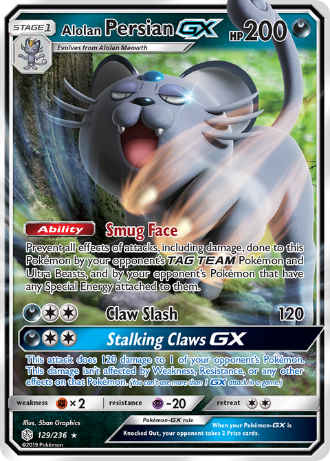 Alolan Persian-GX 129 Cosmic Eclipse Pokémon card