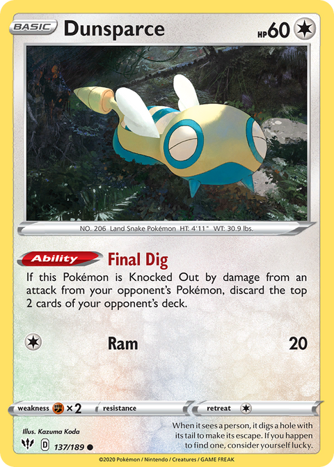 Dunsparce 137 Darkness Ablaze Pokémon card