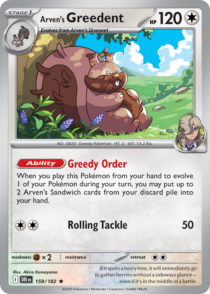 Arven's Greedent 159 Destined Rivals Pokémon card