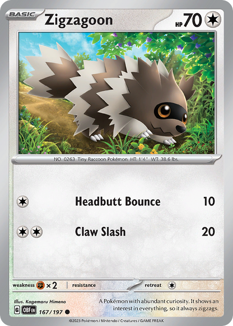 Zigzagoon 167 Obsidian Flames Pokémon card