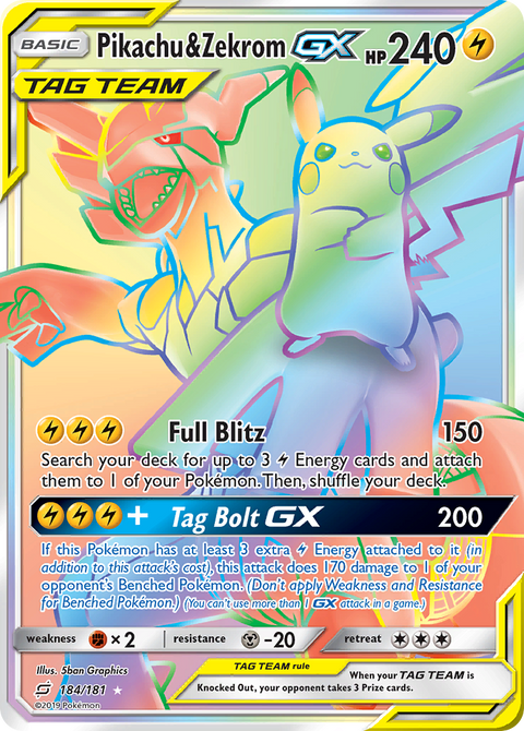Pikachu & Zekrom-GX 184 Team Up Pokémon card