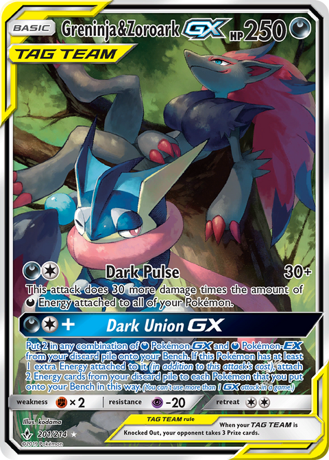 Greninja & Zoroark-GX 201 Unbroken Bonds Pokémon card