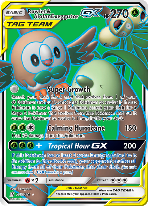 Rowlet & Alolan Exeggutor-GX 214 Unified Minds Pokémon card