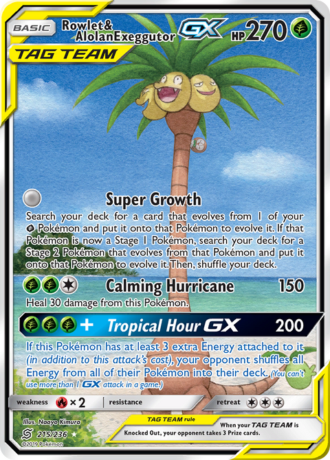 Rowlet & Alolan Exeggutor-GX 215 Unified Minds Pokémon card