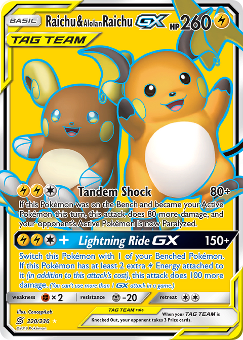 Raichu & Alolan Raichu-GX 220 Unified Minds Pokémon card