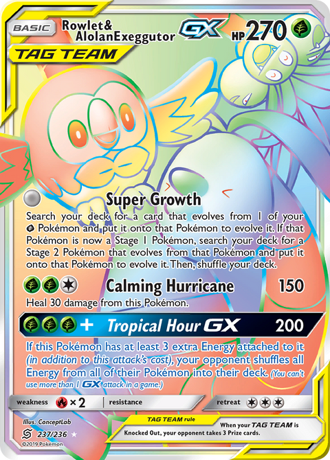 Rowlet & Alolan Exeggutor-GX 237 Unified Minds Pokémon card