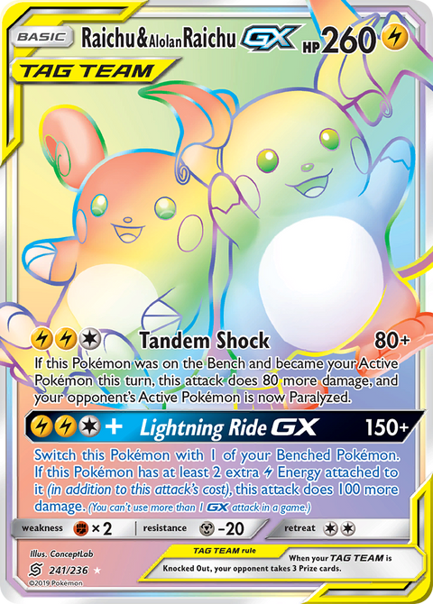 Raichu & Alolan Raichu-GX 241 Unified Minds Pokémon card