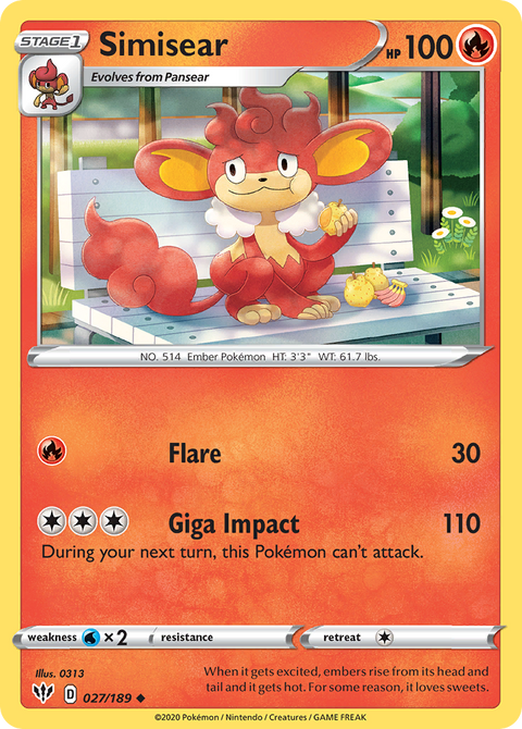 Simisear 27 Darkness Ablaze Pokémon card
