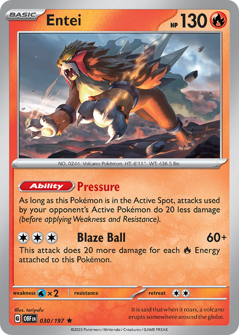 Entei 30 Obsidian Flames Pokémon card
