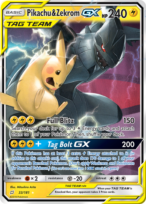 Pikachu & Zekrom-GX 33 Team Up Pokémon card