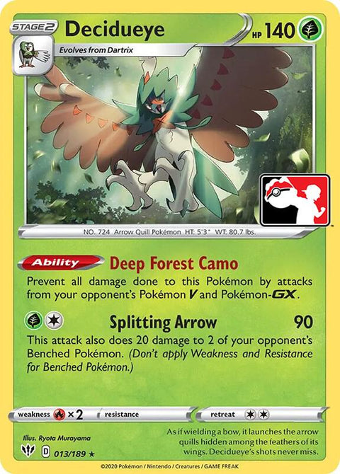 Decidueye - 013/189 - Prize Pack Series One — Play! Pokémon stamped prize pack card