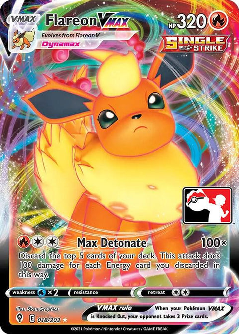 Flareon VMAX - 018/203 - Prize Pack Series One — Play! Pokémon stamped prize pack card