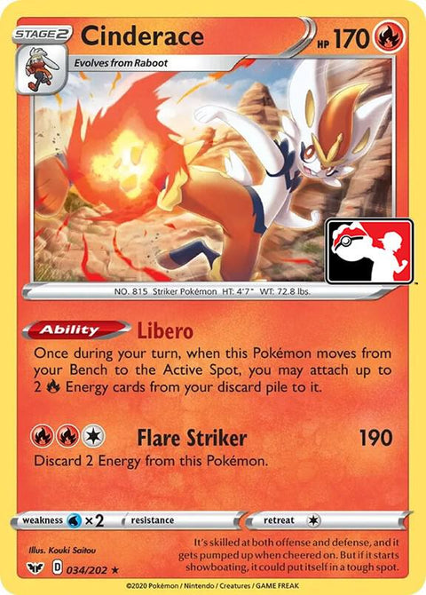 Cinderace - 034/202 - Prize Pack Series One — Play! Pokémon stamped prize pack card
