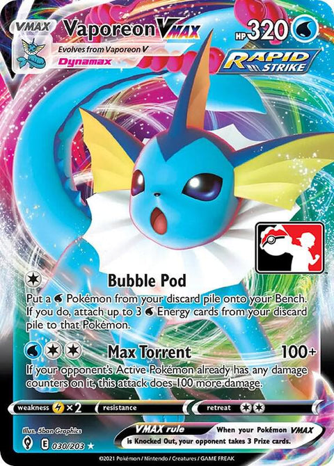 Vaporeon VMAX - 030/203 - Prize Pack Series Two — Play! Pokémon stamped prize pack card