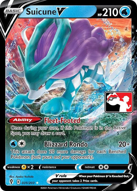 Suicune V - 031/203 - Prize Pack Series Two — Play! Pokémon stamped prize pack card