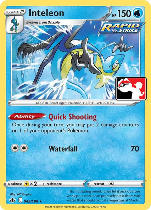 Inteleon - 043/198 - Prize Pack Series Two — Play! Pokémon stamped prize pack card