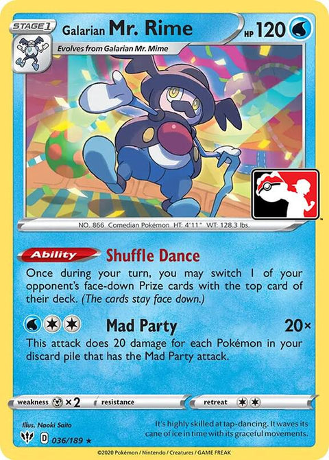 Galarian Mr. Rime - 036/198 - Prize Pack Series One — Play! Pokémon stamped prize pack card