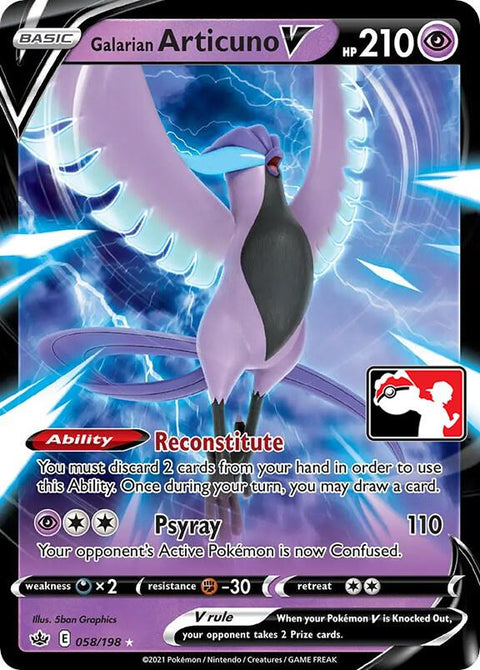 Galarian Articuno V - 058/198 - Prize Pack Series Two — Play! Pokémon stamped prize pack card