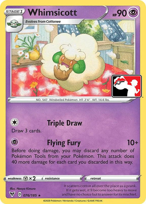 Whimsicott - 076/203 - Prize Pack Series One — Play! Pokémon stamped prize pack card