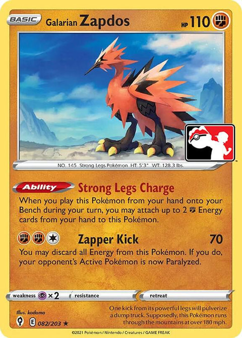 Galarian Zapdos - 082/203 - Prize Pack Series Two — Play! Pokémon stamped prize pack card