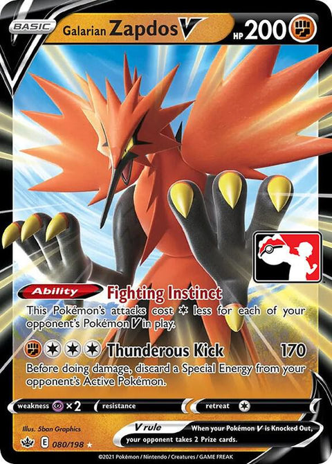 Galarian Zapdos V - 080/198 - Prize Pack Series Two — Play! Pokémon stamped prize pack card