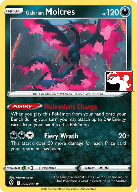 Galarian Moltres - 093/203 - Prize Pack Series Two — Play! Pokémon stamped prize pack card
