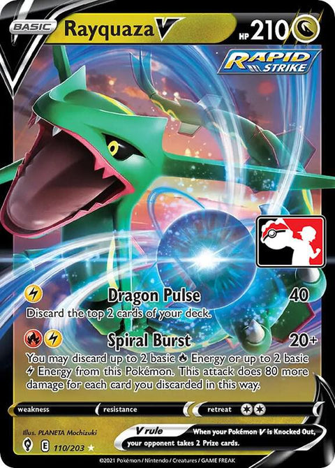 Rayquaza V - 110/203 - Prize Pack Series Two — Play! Pokémon stamped prize pack card