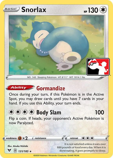 Snorlax - 131/185 - Prize Pack Series One — Play! Pokémon stamped prize pack card