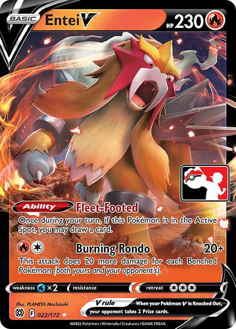 Entei V - 022/172 - Prize Pack Series Three — Play! Pokémon stamped prize pack card