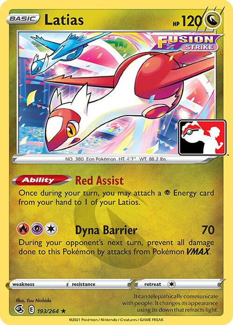 Latias - 193/264 - Prize Pack Series Two — Play! Pokémon stamped prize pack card