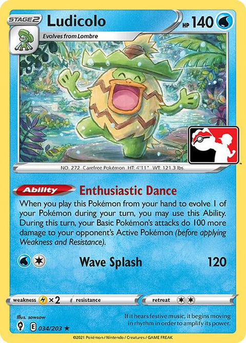 Ludicolo - 034/203 - Prize Pack Series Two — Play! Pokémon stamped prize pack card