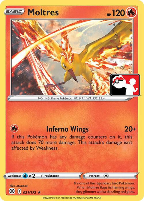 Moltres - 021/172 - Prize Pack Series Three — Play! Pokémon stamped prize pack card