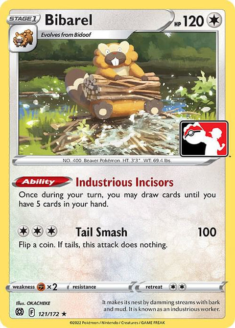 Bibarel - 121/172 - Prize Pack Series Three — Play! Pokémon stamped prize pack card