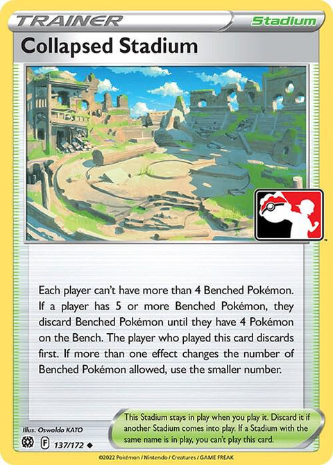 Collapsed Stadium - 137/172 - Prize Pack Series Three — Play! Pokémon stamped prize pack card