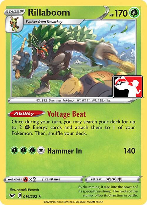 Rillaboom - 014/202 - Prize Pack Series One — Play! Pokémon stamped prize pack card