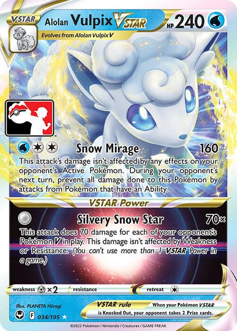Alolan Vulpix VSTAR - 034/195 - Prize Pack Series Three — Play! Pokémon stamped prize pack card