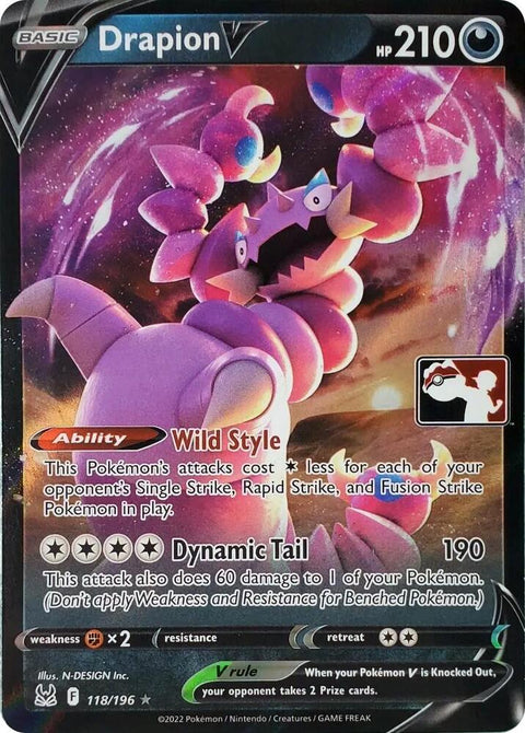 Drapion V - 118/189 - Prize Pack Series Three — Play! Pokémon stamped prize pack card