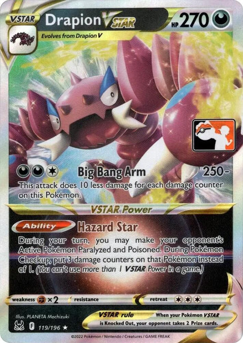 Drapion VSTAR - 119/196 - Prize Pack Series Three — Play! Pokémon stamped prize pack card