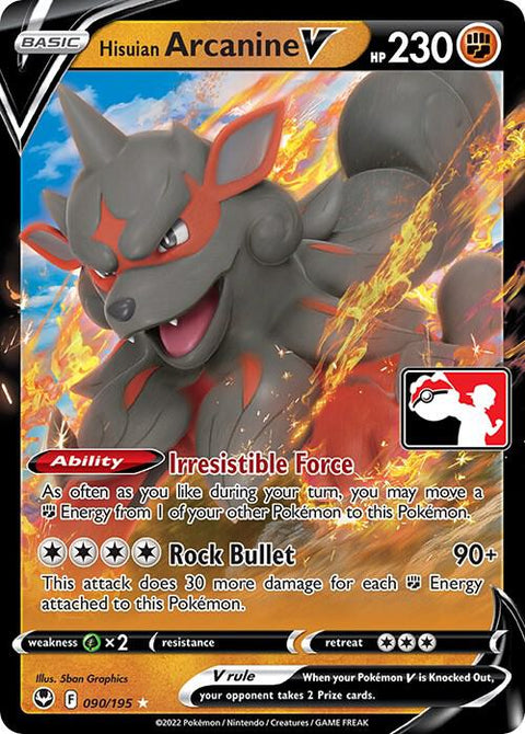 Hisuian Arcanine V - 090/195 - Prize Pack Series Three — Play! Pokémon stamped prize pack card