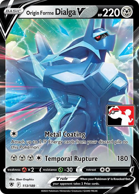 Origin Forme Dialga V - 113/189 - Prize Pack Series Three — Play! Pokémon stamped prize pack card