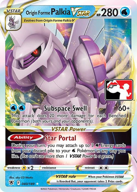 Origin Forme Palkia VSTAR - 040/172 - Prize Pack Series Three — Play! Pokémon stamped prize pack card