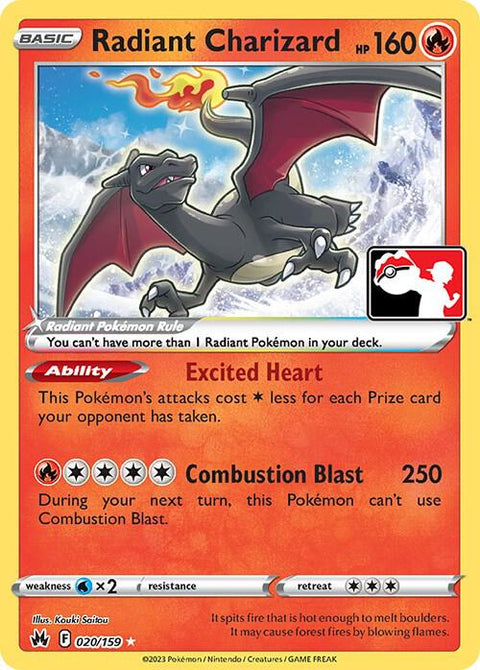 Radiant Charizard - 020/159 - Prize Pack Series Three — Play! Pokémon stamped prize pack card