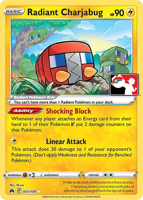 Radiant Charjabug - 051/189 - Prize Pack Series Three — Play! Pokémon stamped prize pack card