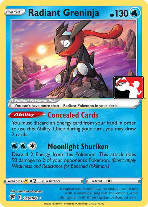 Radiant Greninja - 046/189 - Prize Pack Series Three — Play! Pokémon stamped prize pack card