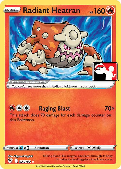 Radiant Heatran - 027/189 - Prize Pack Series Three — Play! Pokémon stamped prize pack card