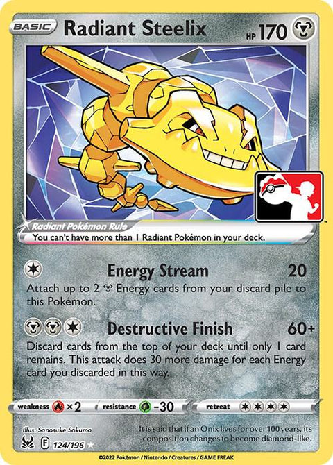 Radiant Steelix - 124/196 - Prize Pack Series Three — Play! Pokémon stamped prize pack card