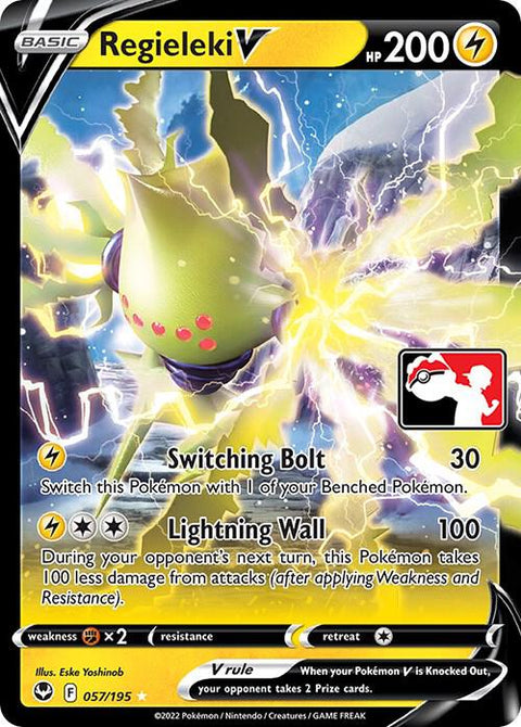 Regieleki V - 057/195 - Prize Pack Series Four — Play! Pokémon stamped prize pack card
